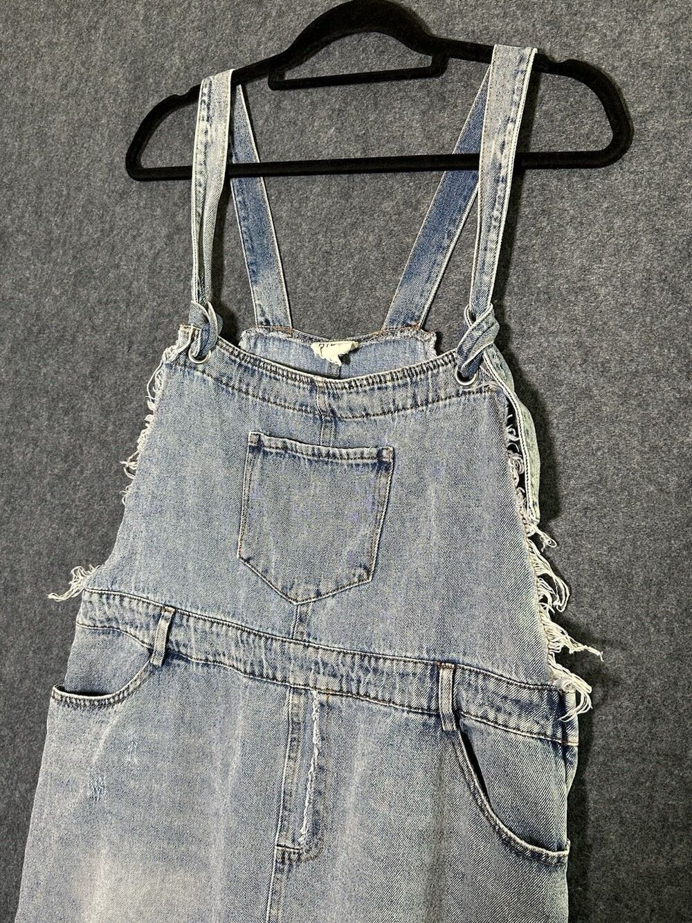 Bibi Denim Overall Dress Tie Strap Distressed Frayed Pinafore Y2K 90s Country L - Picture 3 of 9